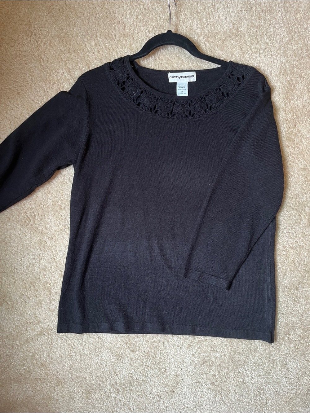 Cathy Daniels Black Crew Neck Sweater with Crochet Trim
